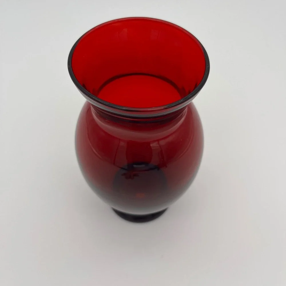Vintage Ruby Red Glass Vase Urn Shape Flared Rim Pedestal Base Decorative Vessel